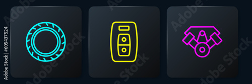 Set line Car tire wheel, Power car engine and key with remote. Black square button. Vector