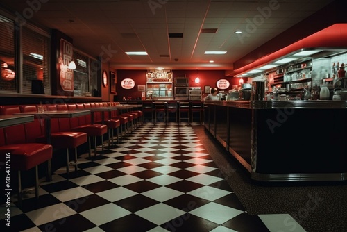 Retro diner with a red and black checkered floor. Generative AI