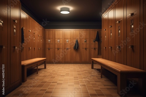 3D rendered locker room with wooden cubicles, benches, and hangers. Generative AI photo