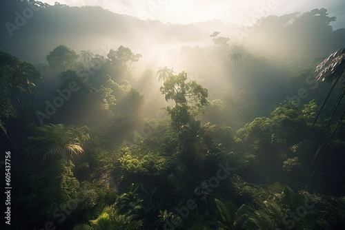 Morning misty jungle rainforest with sun rays and fog viewed from above. A breathtaking aerial view of lush tropical nature landscape. Generative AI © Michael