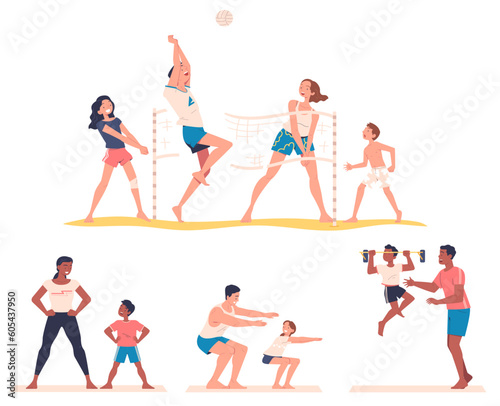 Family do sports. Mom  dad and children spend time together. Parents play volleyball and do exercises with kids. Physical education  healthy lifestyle concept. Cartoon flat vector illustration