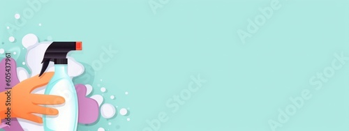 hand holds cleaning detergent spray bottle on clear blue background, house cleaning company banner