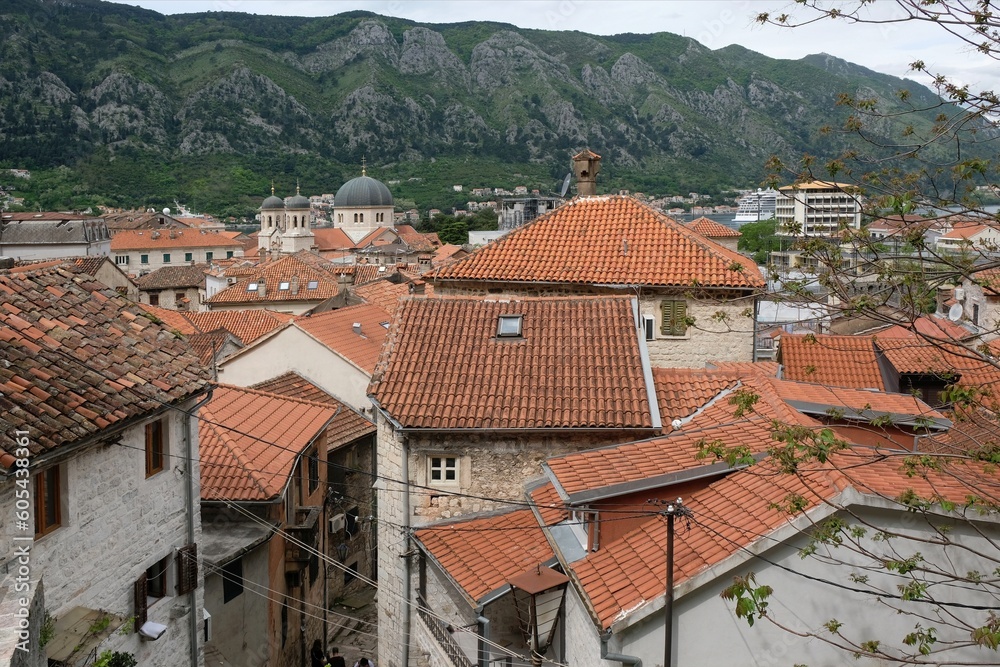 View of roofs of buildings of ancient Kotor from fortress wall. Kotor is a beautiful historic city on the Unesco list.