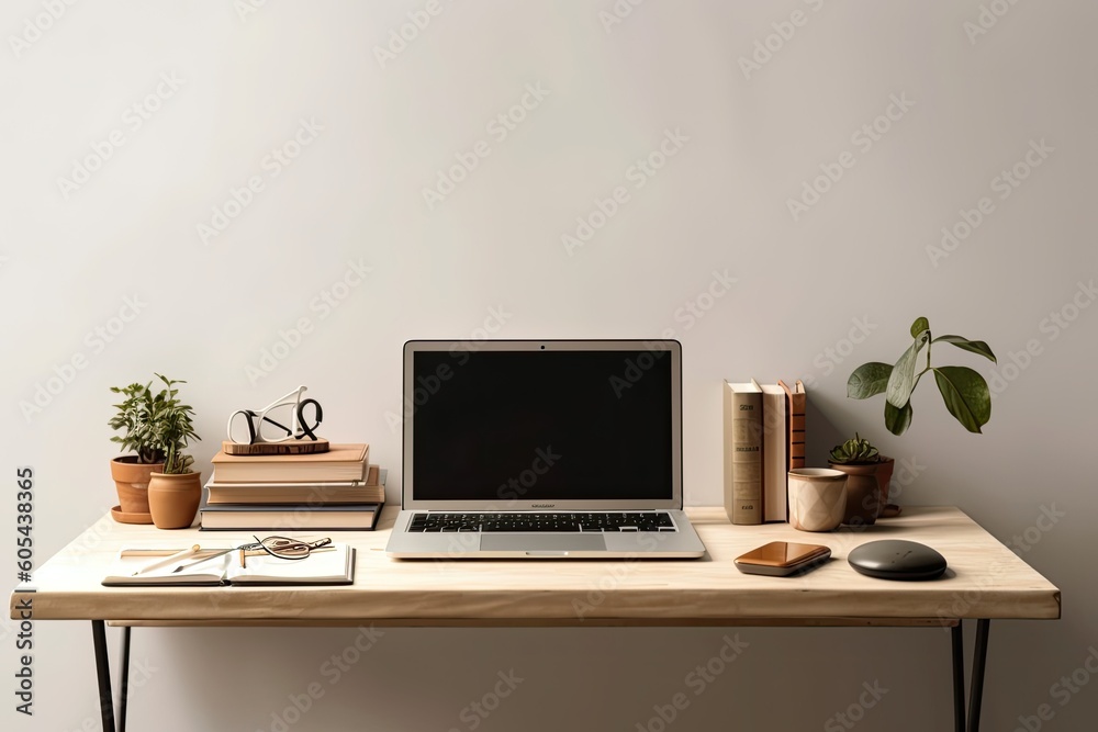 Minimalist creative business desk with a sleek and organized layout, featuring a sleek laptop, a notebook, and a few carefully selected design elements, showcasing simplicity and focus - Generative AI Minimalist creative business desk with a sleek and organized layout, featuring a sleek laptop, a notebook, and a few carefully selected design elements, showcasing simplicity and focus - Generative AI