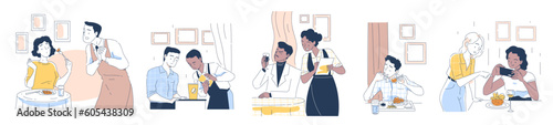 People in restaurant. Characters eat delicious food and drinks. Waiters and sommeliers serve visitors. Dinner, gourmet. Men and women degustate. Cartoon flat vector collection isolated on white