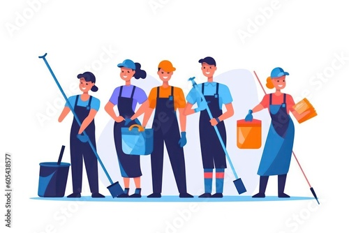 illustration of professional cleaning team in uniform with cleaning supplies on white background