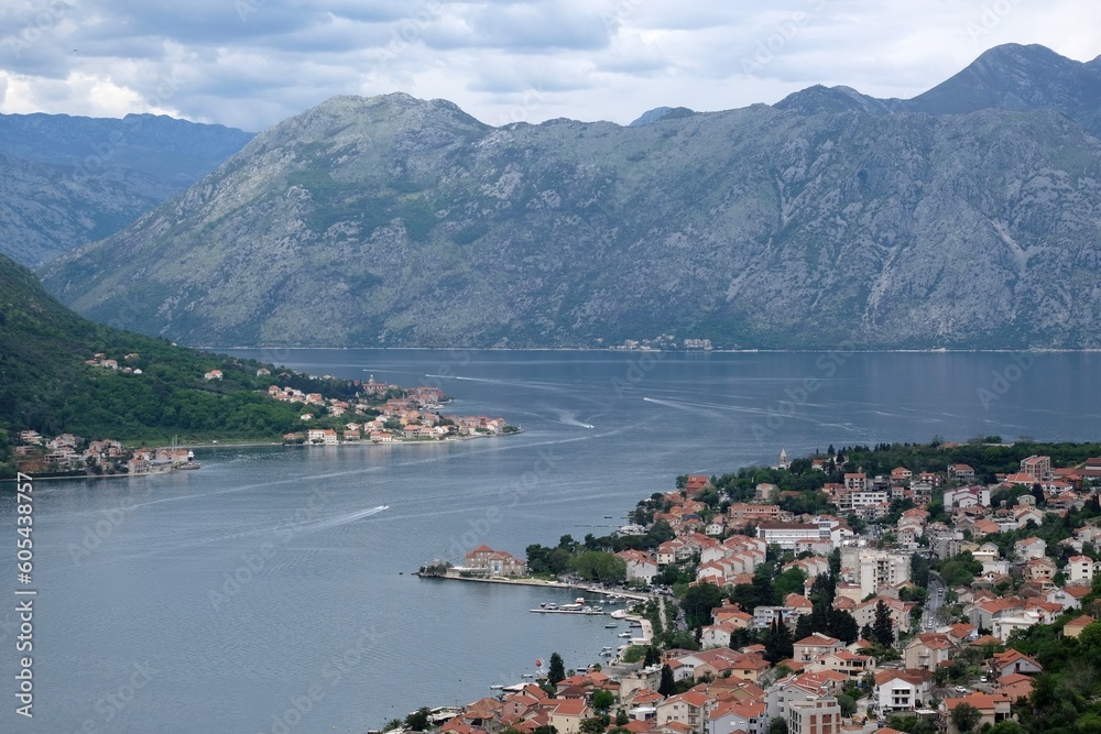Panorama of Kotor from ancient fortress wall, Montenegro. Kotor is a beautiful historic city on the Unesco list.