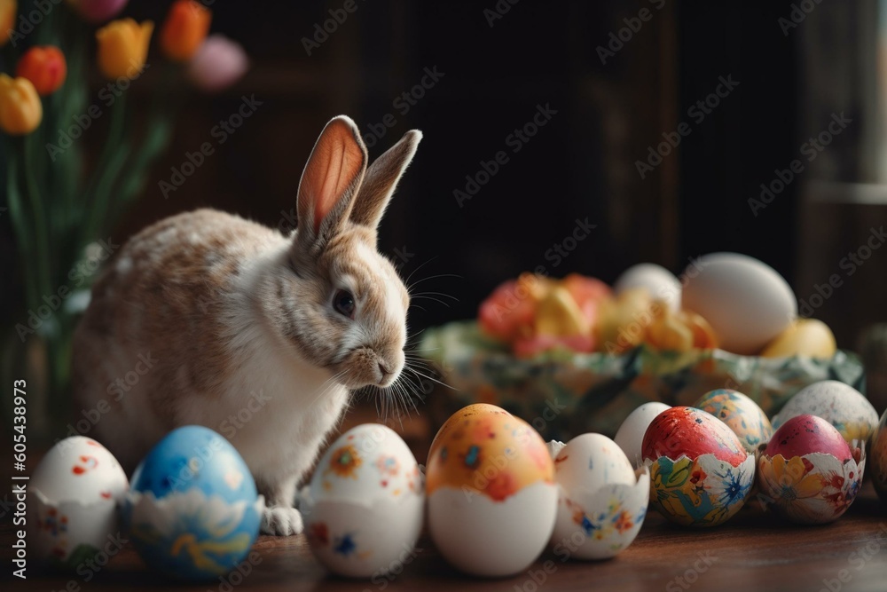 Cheerful rabbit painting Easter eggs. Generative AI