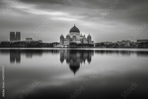 Monochrome long exposure fine art photo of Putra Mosque reflecting on lake with grain effect in Putrajaya, Malaysia. Generative AI