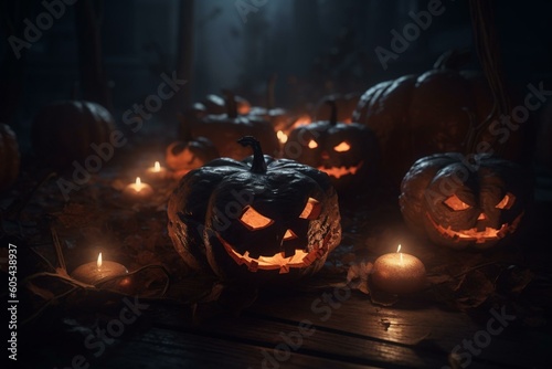 3D rendered spooky Halloween background with pumpkins and jack-o-lantern. Generative AI