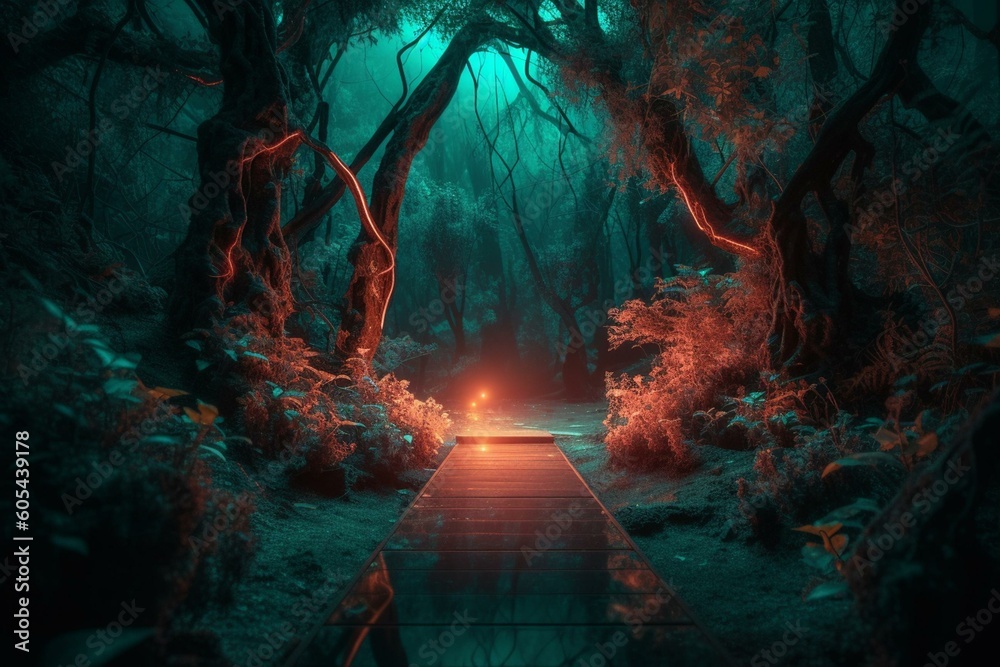 Neon forest with a glowing path. Generative AI