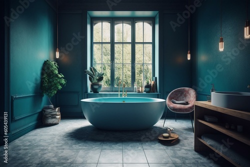 Bathroom with lit blue walls  bathtub and concrete floor. Generative AI