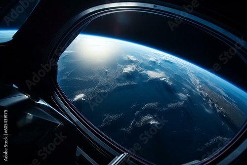Viewing earth from satellite window in sci-fi exploration. Generative AI