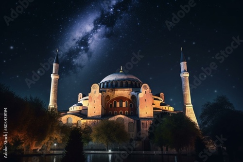 Iconic Hagia Sophia lit up against a beautiful Milky Way backdrop. Generative AI photo