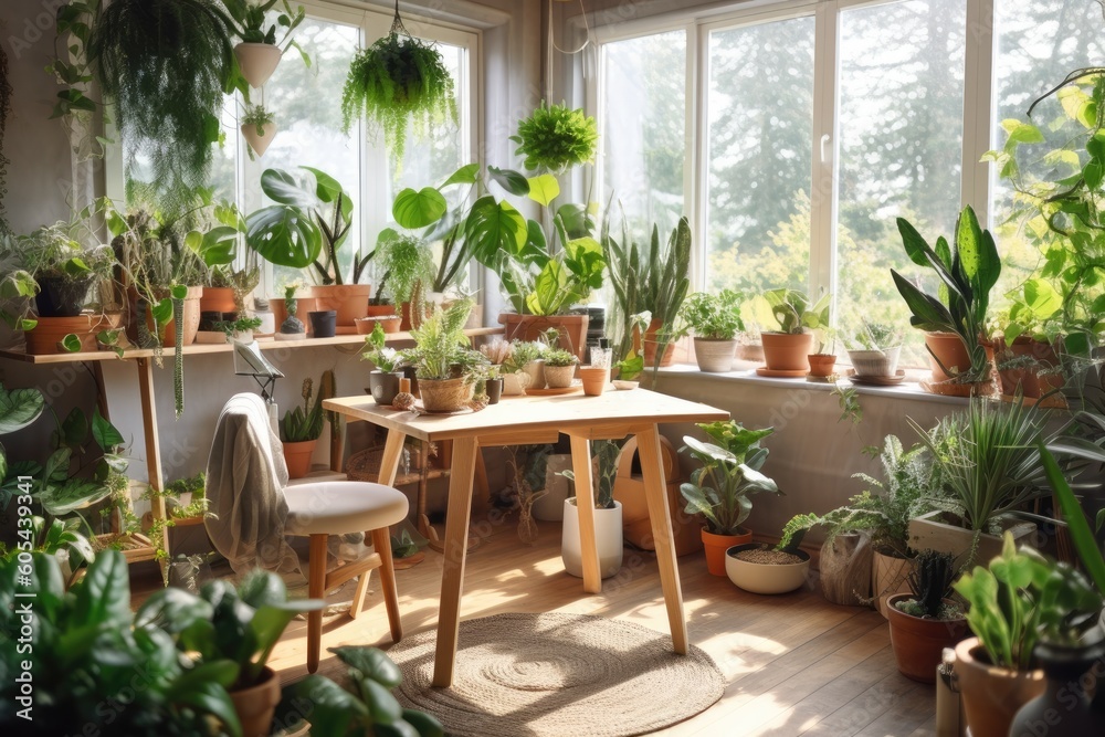 Nature-inspired creative business desk with potted plants, natural wood accents, and a sunlight-filled space, fostering a sense of calm and connection to the outdoors - Generative AI