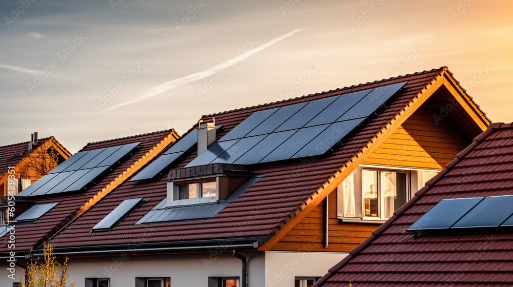 A row of houses with solar panels on the roof. Generative AI.