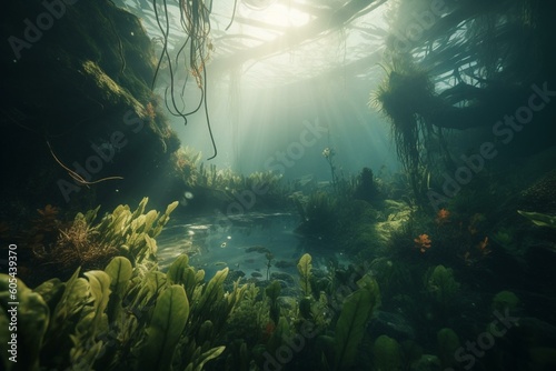 A serene underwater world with aquatic plants, light shining through, and a freshwater pond. Generative AI