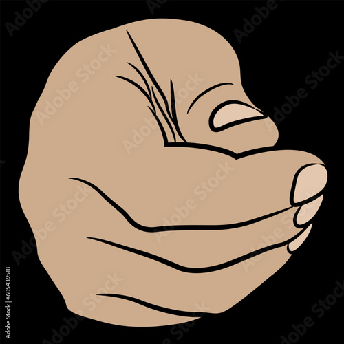 Front view of a human hand with folded in fist fingers. Cartoon style. On black background.