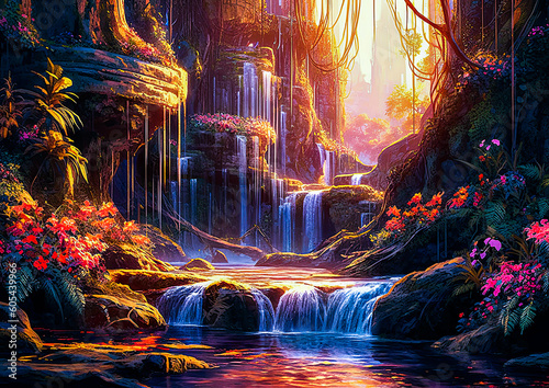 Ethereal fantasy landscape with crystal clear blue water and waterfalls  golden hour  warm atmosphere
