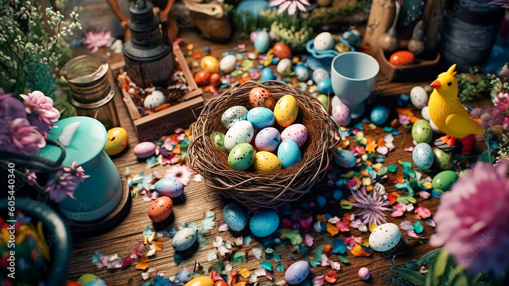Eggs and Easter Decorations Surrounded by Blooming Flowers, Generative AI
