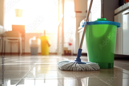 mop and bucket of cleaning supplies on blurry home background. Cleaning services company