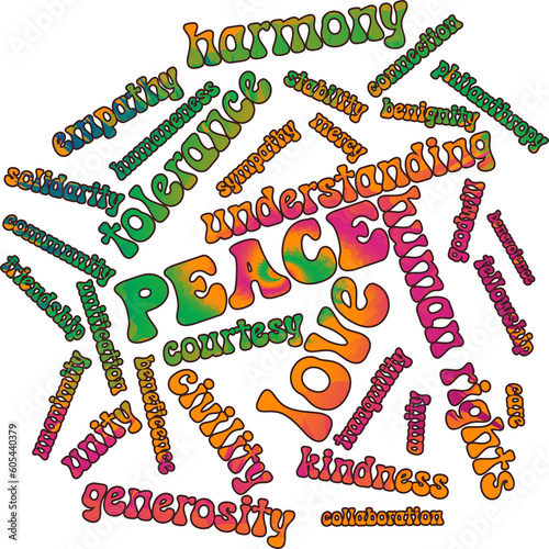 Peace and Love word cloud in bright colors using retro 70's hippie fonts isolated