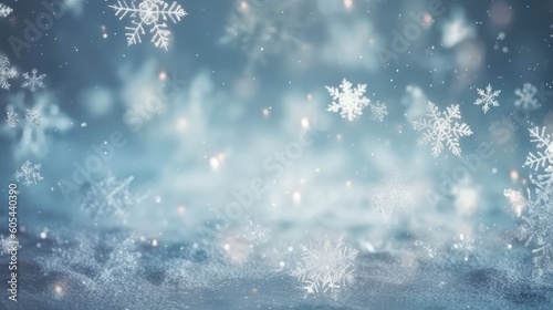 Winter blue background with snowflakes. Christmas and New Year background. Festive seasonal Christmas bright background. Holiday poster and banner, greeting card. generative ai