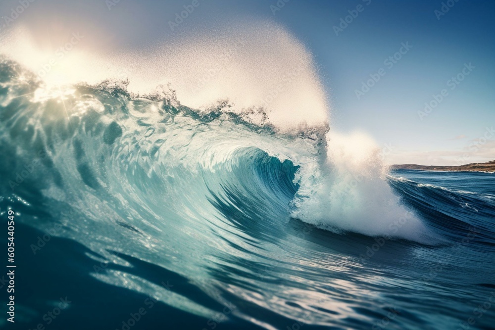 Clear, blue ocean wave crashes over blue sky. Generative AI
