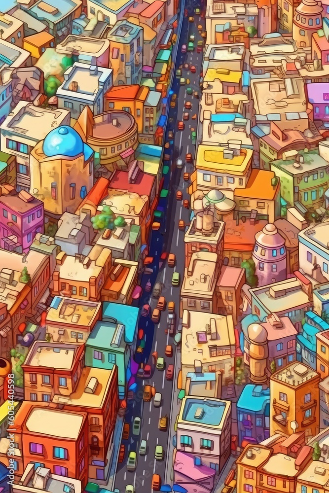 Cityscape quilted with colorful buildings and winding streets. Generative AI