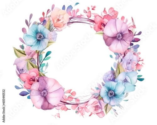 A generative perfect circle wedding frame with pastel flowers.  Generative AI 