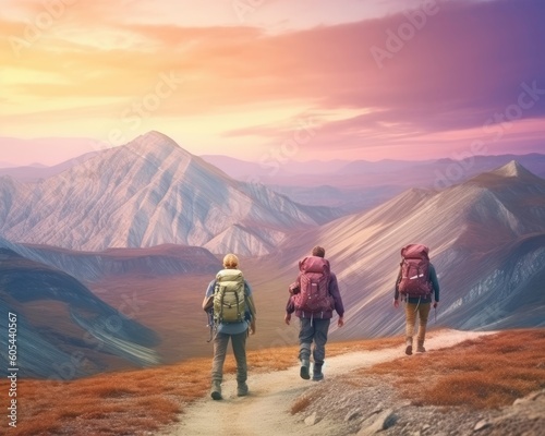 Sporty tourists hike at sunset in mountains with backpacks for adventure. (Generative AI)