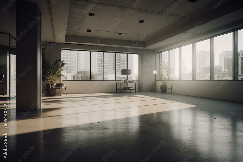 A computer-generated depiction of an unfurnished indoor space. Generative AI