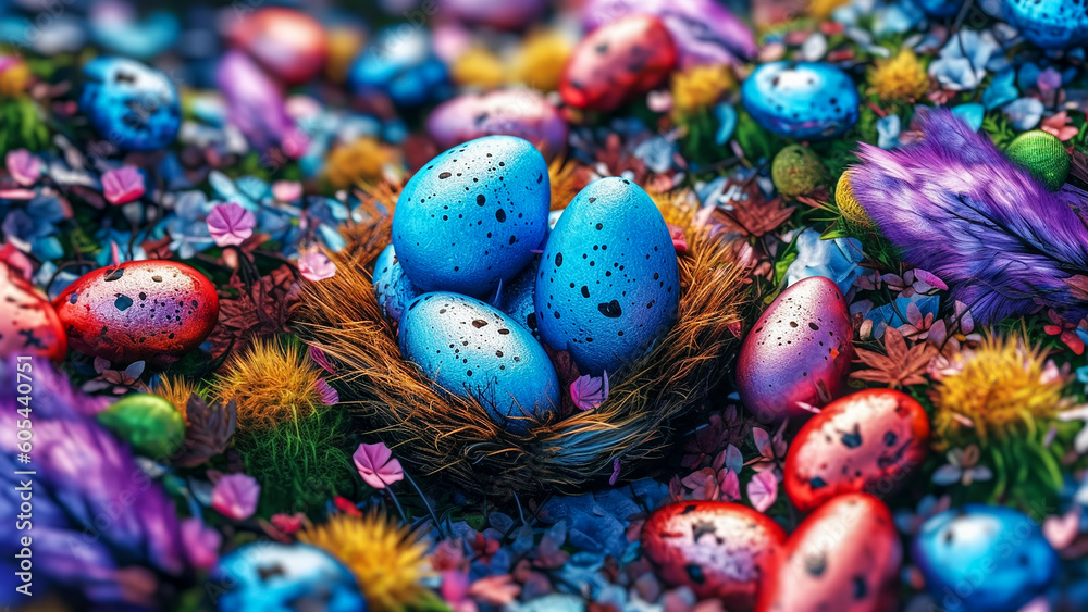 Vibrantly Colored Easter Eggs Nestled in a Feathered Nest, Generative AI
