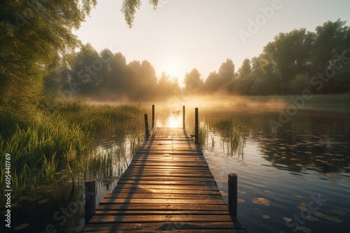 Fotografia Relaxing lakeside sunrise surrounded by greenery