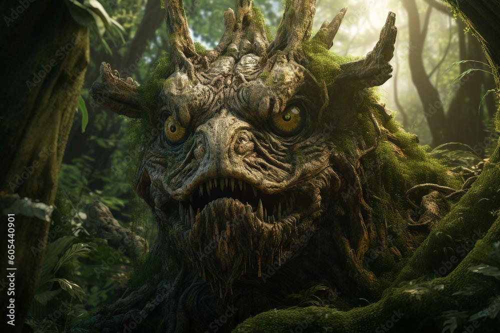 Fictional tree creature in 3D, in a forest. Isolated. Generative AI