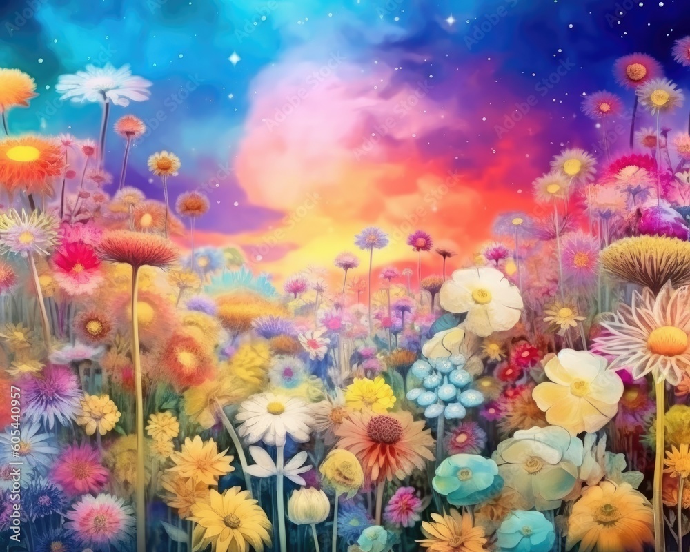 Panoramic background of abstract floral meadow in vibrant colors. (Generative AI)
