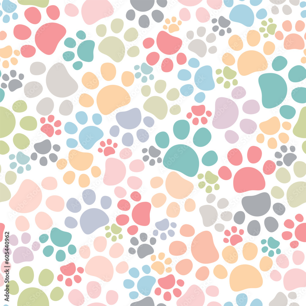 Seamless pet paw pattern. Cat or dog footprint background. Colorful vector illustration. It can be used for wallpapers, wrapping, cards, patterns for clothes and other.