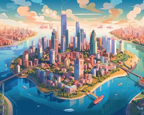 Colorful city skyline on the riverside. Generative AI
