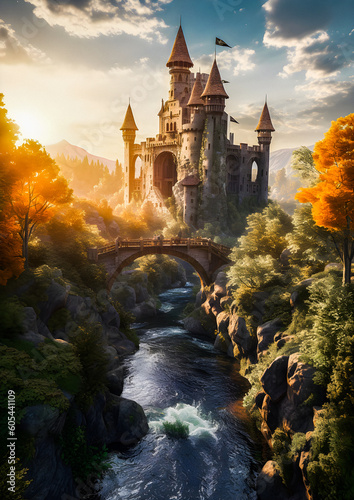 Fantasy castle in a spring environment, medieval architecture