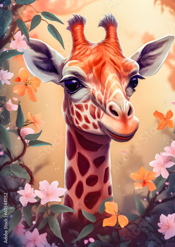 Illustration of a giraffe head between blossoming branches
