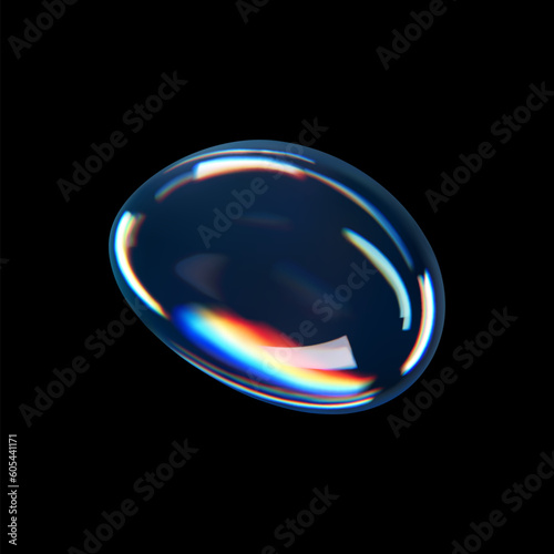 3d glass liquid abstract, fluid shape with holographic effect isolated on black background. Render of transparent glass circle liquid object, soap water bubble with reflection. 3d vector illustration © janevasileva
