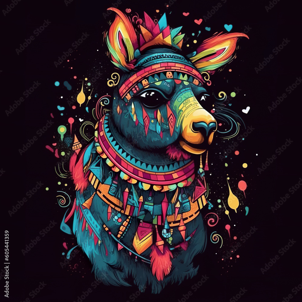 A bear wearing a colorful headdress and feathers. Generative AI.
