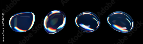 3d glass liquid abstract, fluid shape with holographic effect isolated on black background. Render of transparent glass circle liquid object, soap water bubble with reflection. 3d vector illustration