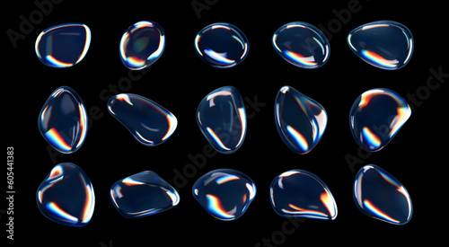 Foto 3d glass liquid abstract, fluid shape with holographic effect isolated on black background