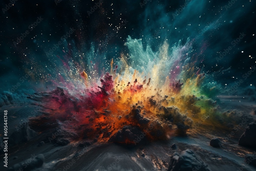 A colorful space scene filled with glowing stars and exploding cosmic dust. Generative AI