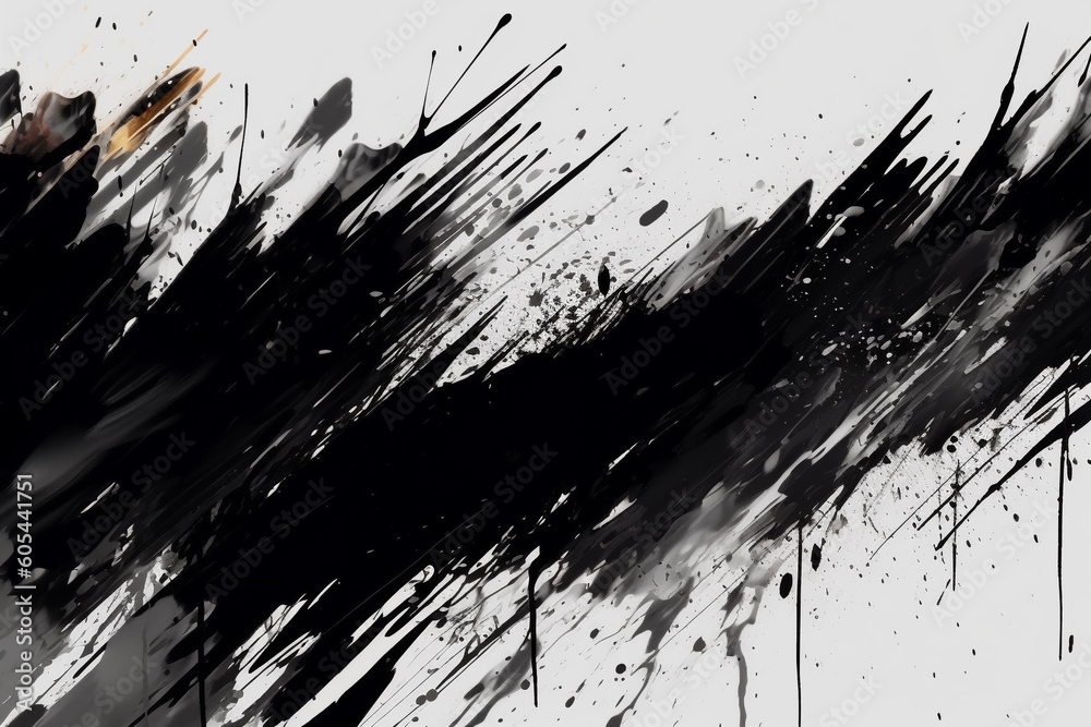 Abstract black and white ink or paint brush stains background with copy space. Generative AI