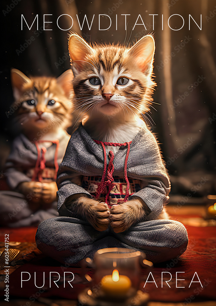 Funny cat kitten poster meoditation purr area, cute sitting meditating cats