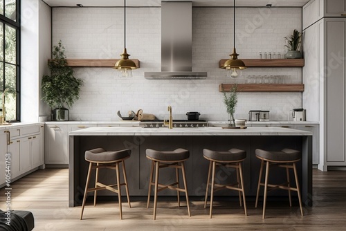 Stylish modern farmhouse kitchen with marble chairs, decor, and gray stools. Generative AI