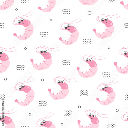 Cute pink shrimp vector seamless pattern. Sea life childish flat cartoon background. © dashtik