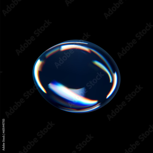 3d glass liquid abstract, fluid shape with holographic effect isolated on black background. Render of transparent glass circle liquid object, soap water bubble with reflection. 3d vector illustration
